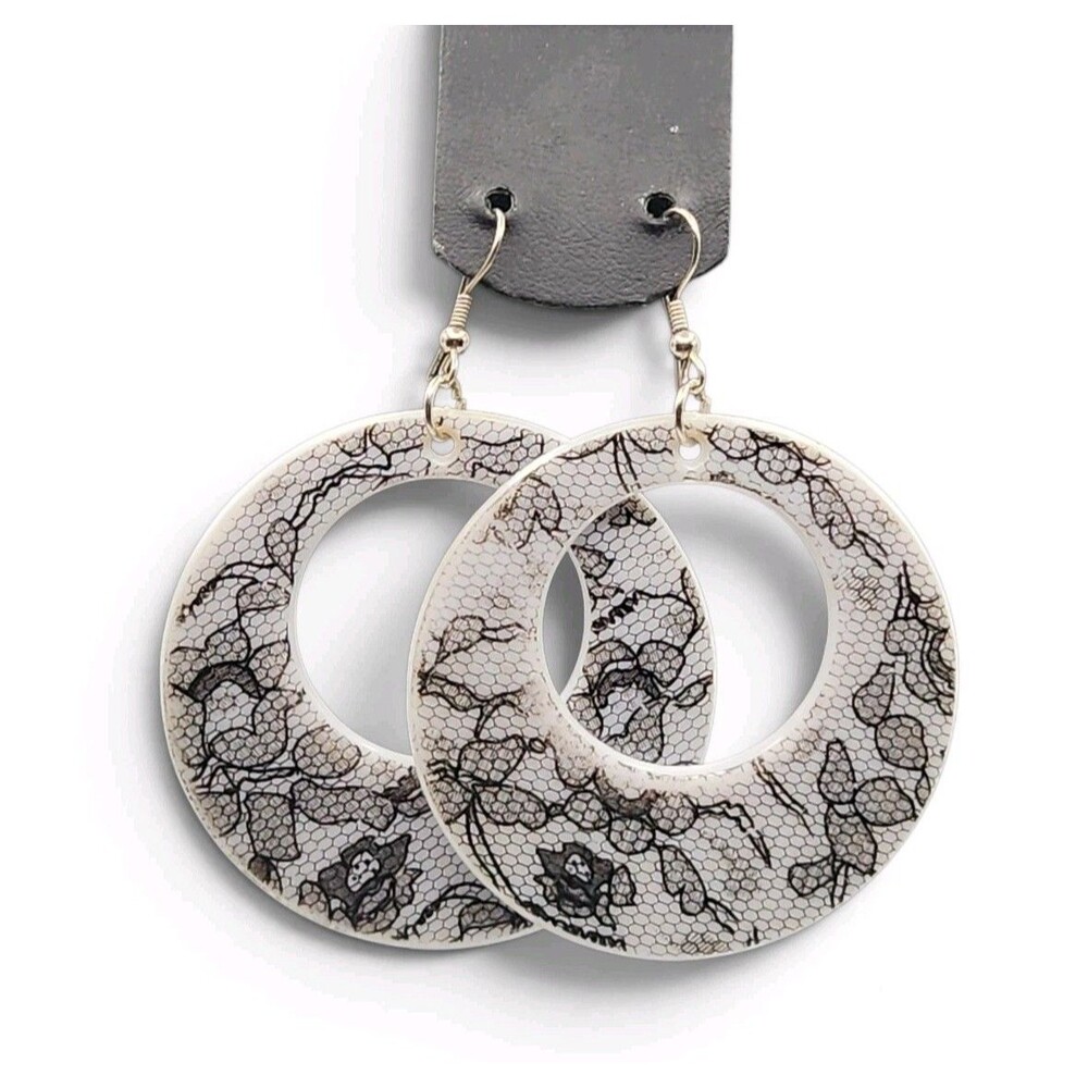 Large Vintage Circular Hoop Black & White Dangle Earrings Black Lace S